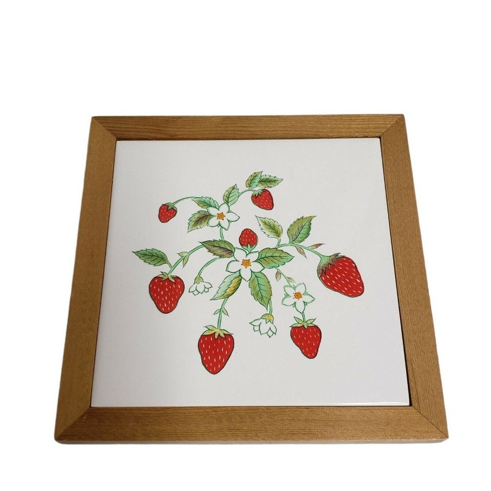 Vintage Ceramic Tile Trivet Strawberry Vines Wood Framed Wall Hanger Decor